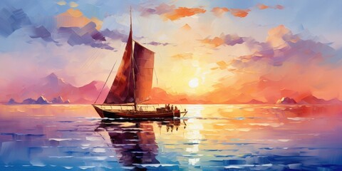 Wall Mural - Sailboat at Sunset, Seascape Painting