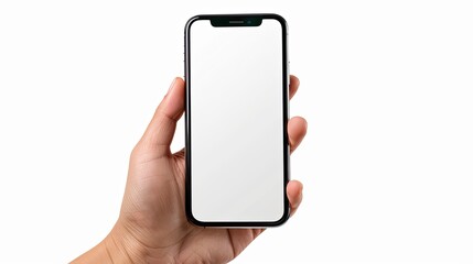 Hand holding smartphone mockup on white background, blank screen for your app or website design. Mobile phone technology concept.