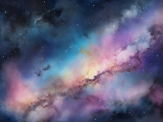 Wall Mural - Abstract background of night sky with stars, drawing with traditional materials in watercolor and pastel Watercolor of space and milky way