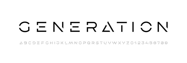 Wall Mural - Technology font, digital cyber alphabet made futurism style, letters A, B, C, D, E, F, G, H, I, J, K, L, M, N, O, P, Q, R, S, T, U, V, W, X, Y, Z and numerals 0, 1, 2, 3, 4, 5, 6, 7, 8, 9 space style