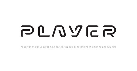 Wall Mural - Modern font alphabet from segment line, technology letters A, B, C, D, E, F, G, H, I, J, K, L, M, N, O, P, Q, R, S, T, U, V, W, X, Y, Z and numerals 0, 1, 2, 3, 4, 5, 6, 7, 8, 9, vector illustration 1