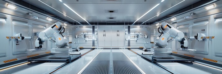 Poster - Two robotic arms are shown in a modern car paint shop, showcasing the latest advancements in automotive painting technology. Generative AI
