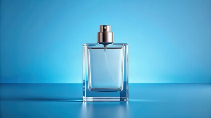 Wall Mural - Glass perfume bottle with blank label mockup on blue background, perfume, bottle, glass, mockup, blank, label, blue