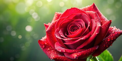 Canvas Print - Beautiful red rose with drops of dew on petals, blooming, flower, nature, vibrant, romantic, garden, plant, flora, close-up