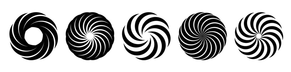 Poster - Concentric pinwheel. Twisting circles logo design elements set. Black and white vector icon isolated on transparent background 