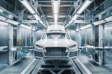 Wall Mural - A white car sits on a conveyor belt in a modern automotive factory, ready to be painted by robotic arms. Generative AI