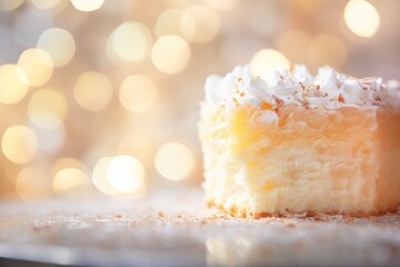 Wall Mural - Angel food cake slice with a dreamy bokeh lightscape.