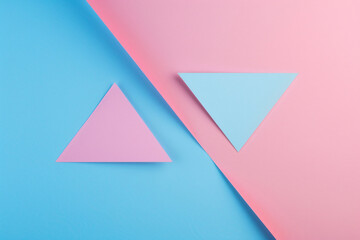 Poster - Soft pastel background with pink, blue, and green gradient featuring a triangular paper shape for copy space in the view from above.


