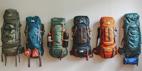 A diverse collection of six backpacks lined up on a clean wall, fully equipped with various essential outdoor gear, ready for an adventurous journey.