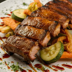 medium rare rib eye Steak full and slice close up