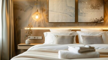 Wall Mural - A sleek, modern bedroom with a low platform bed, crisp white linens, a single piece of abstract art, and a neutral-colored wall