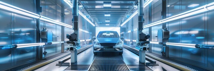 Poster - A sleek, modern automotive painting shop featuring robotic systems in action. Generative AI