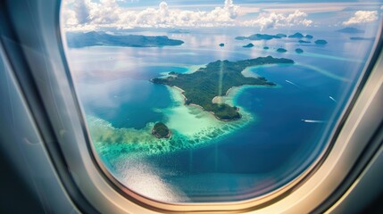 Wall Mural - View out of airplane window of a serene ocean with islands dotting the water