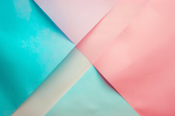 Wall Mural - Soft pastel background with pink, blue, and green gradient featuring a triangular paper shape for copy space in the view from above.


