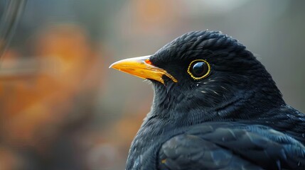 Wall Mural - Close-up portrait of a common blackbird, emphasizing its bright yellow beak and eye ring