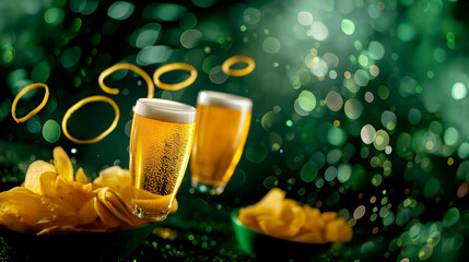 Fresh cold beer and bowl of chips snack on dark green background with gold bokeh lights. Sport bar and pub. New Year, Beer Day, Soccer. Watch sport games and drink. Banner with copy space. 