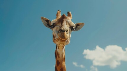 Giraffe head and neck in close-up, with the expansive blue sky of Africa in the background