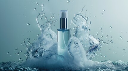 Wall Mural - realistic water spray effect from a cosmetic mist bottle, captured in mid-air with a clear backdrop