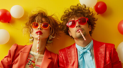 Wall Mural - A young couple in red suits, wearing sunglasses, pose with straws against a bright yellow background. There are balloons scattered around the couple, adding to the festive mood