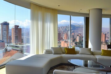 Canvas Print - Luxurious living room with panoramic city view. AI.