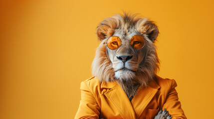 Poster - A lion wearing a yellow suit and round sunglasses, looking directly at the camera, poses in front of an orange background