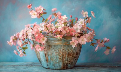 Canvas Print - Pink flowers in a wooden basket. AI.