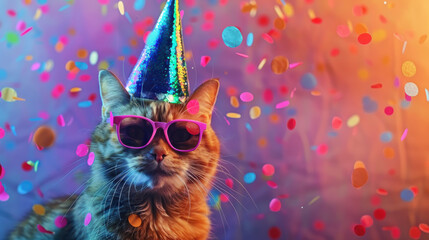 a cat wearing a colorful party hat and stylish sunglasses