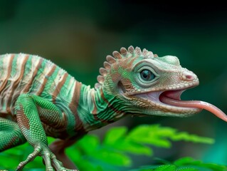 Poster - A close-up of a green lizard with its mouth open and tongue out. AI.