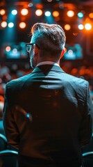 Wall Mural - Man in suit standing on a stage with spotlights in the background. AI.