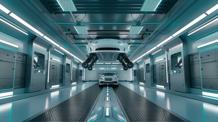 Poster - Sleek and modern automotive paint shop featuring robotic painting systems, showcasing the efficiency and precision of automated painting processes. Generative AI