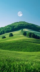 Canvas Print - A lush green hill with a full moon rising above it. AI.