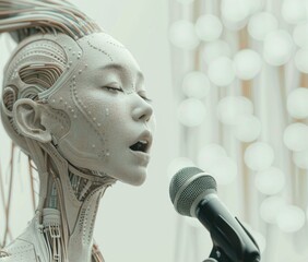 Wall Mural - A digital composite image of a female cyborg singing into a microphone. AI.