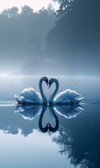 Wall Mural - Two swans forming a heart shape with their necks. AI.