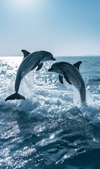 Poster - Two dolphins jumping out of the water. AI.