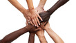© PNG Kingdom  - Multicultural diversity joining of hands, handshake, togetherness, community photo with diverse skin colors on transparent background