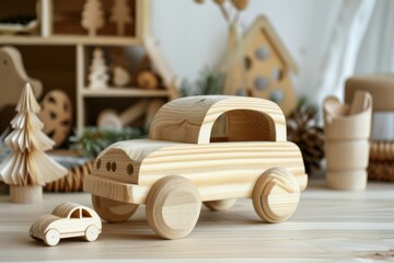 Handmade wooden toy car in children s room setting  eco friendly montessori play for kids