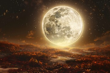 Wall Mural - A harvest moon icon, full and bright, casting a glow over the autumnal earth