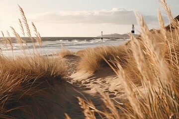 Wall Mural - Golden sunset panorama of a lighthouse on a sandy beach with dunes, creating a picturesque scene