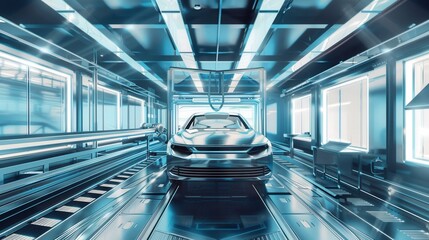 Wall Mural - A sleek, futuristic automotive painting shop showcasing robotic systems at work. The image captures the efficiency and precision of modern automotive painting processes. Generative AI