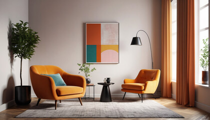 Wall Mural - A chic sitting area with a single designer armchair, vibrant shades, and an empty wall, offering a cozy nook for relaxation and contemplation, Generative AI