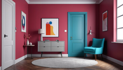 Wall Mural - An average hallway featuring a solitary accent chair, embellished in striking colors against a plain wall, creating a modest yet welcoming entrance, Generative AI