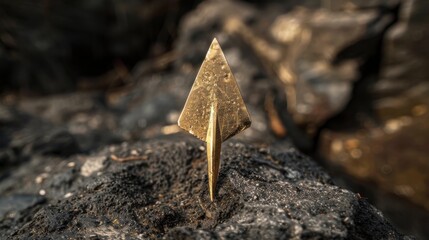 A gold arrow is sitting on a rock