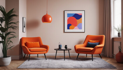 Wall Mural - A minimalist living room in patrician purple with a plain wall and subtle, soft hues. The stylish space invites relaxation and enjoyment, providing a calm and comfortable environment for guests, Gener