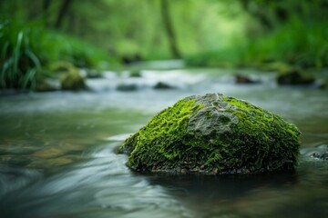 Wall Mural - A moss-covered rock in a gently flowing stream, with a softly blurred background of forest foliage and water.