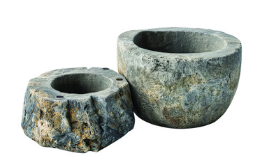 Two rustic antique stone bowls, perfect for garden decor or historical settings, showcasing natural textures and traditional craftsmanship.