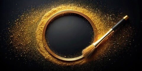 Poster - Glittery golden circle frame with paint brush stroke on dark background, glitter, golden, circle, frame