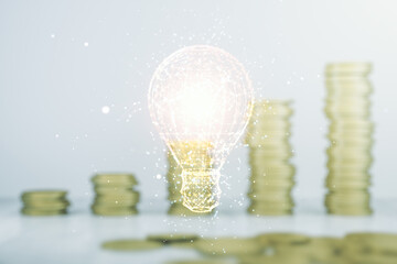 Aufkleber - Abstract virtual light bulb illustration on coins background, future technology concept. Multiexposure