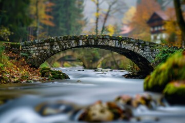 Wall Mural - A scenic bridge spanning a flowing river, with a soft background of a forest.