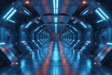 Wall Mural - Futuristic metallic hallway with glowing blue and orange lights. Perfect for science fiction, technology, and video game backgrounds.