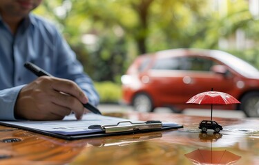 Man signing document at a desk with toy car and red umbrella, representing car insurance or protection on a sunny day.